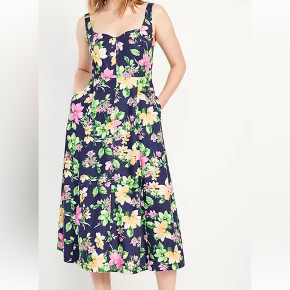 OLD NAVY Fit n Flare Navy Floral Linen Blend Notch Neck Sleeveless Midi Dress L